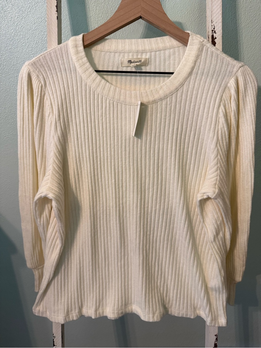 NWT Madewell Cream Brush Ribbed Long Blouson Sleeve Crewneck Sweater Top Size L